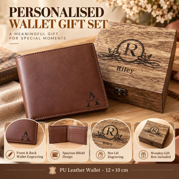 Personalised Leather Wallet Gift with Wooden Box for Dad, Husband, Father