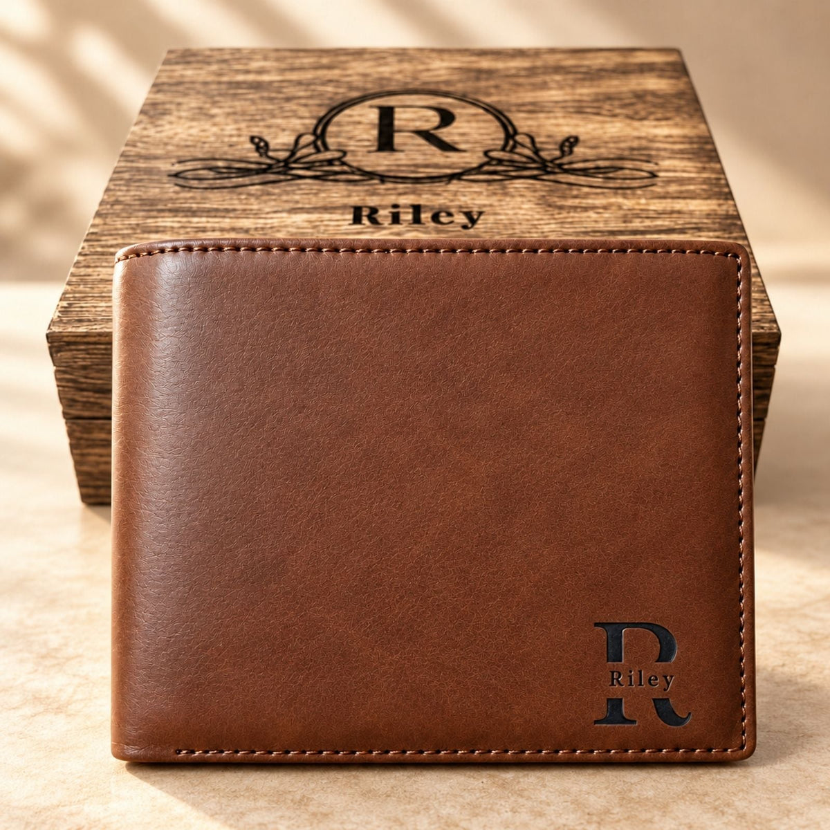 Personalised Leather Wallet Gift with Wooden Box for Dad, Husband, Father - uniqicon