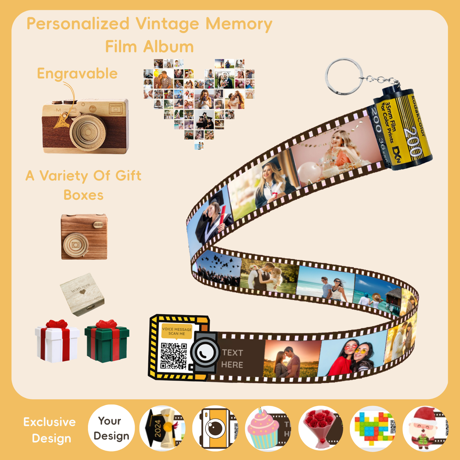 Personalized Customized Memory Retro Camera Film HD Photo Album Film Roll Keychain F2 Voice Message Creative Birthday Valentine Christmas Graduation Friend Anniversary Gift Souvenir Customized Handmade - uniqicon
