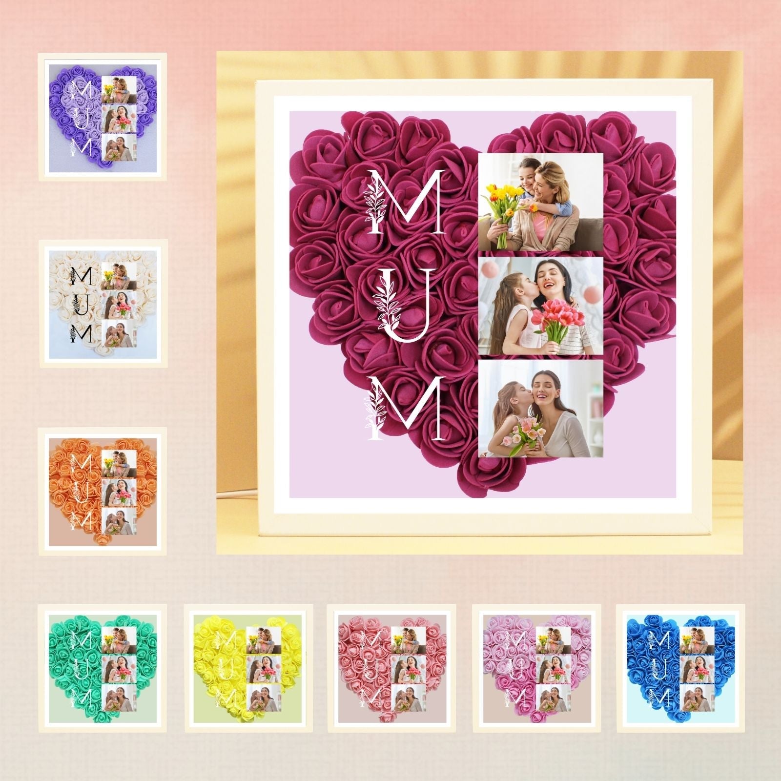 Uniqicon Personalised Heart Shaped Photo Frames for Mother, Mum Flower Shadow Box, Customised Meaningful Picture Frame from Daughter Women, Special Presents from Family Memorial Kids Ladies Wife - uniqicon